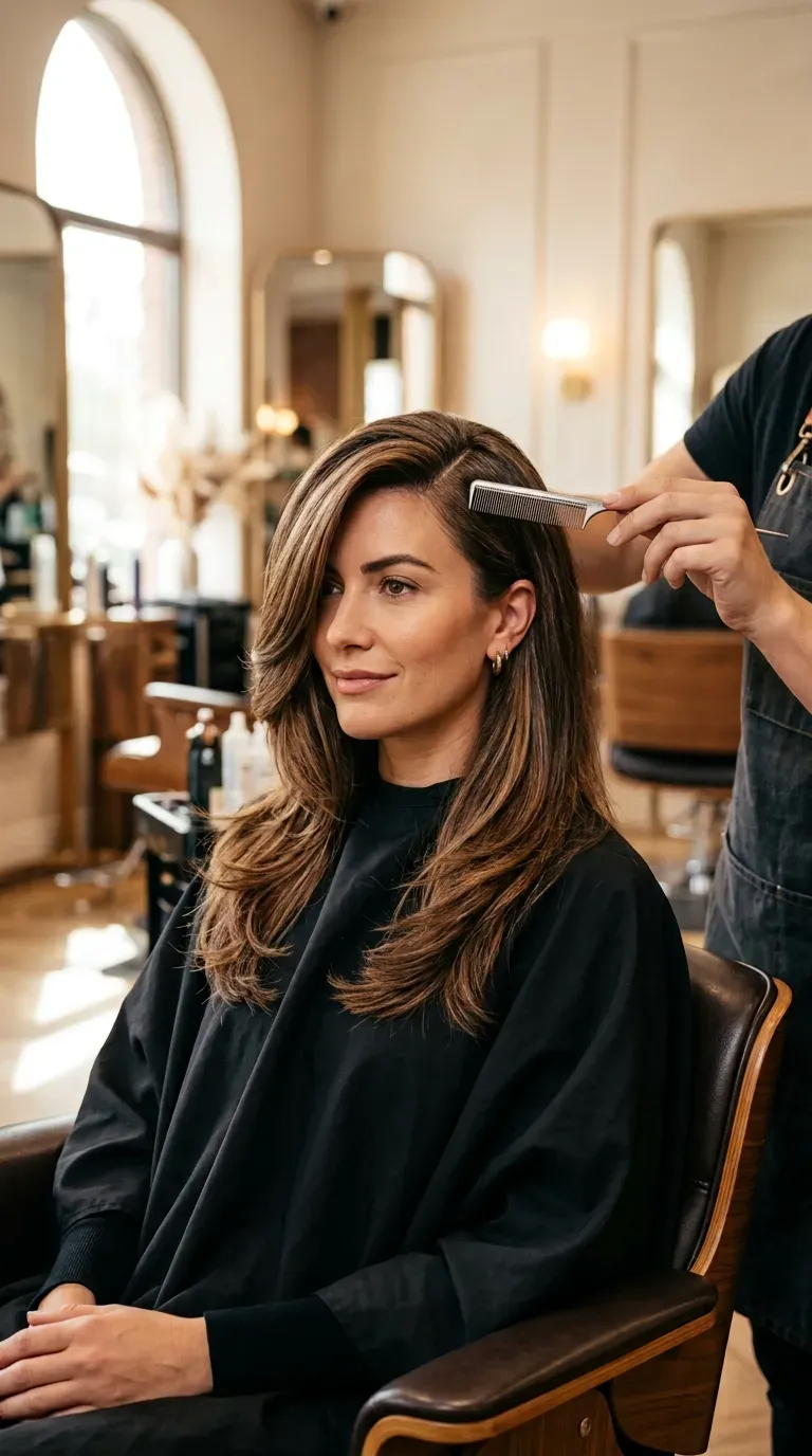 Woman over 50 with layered hair styled with a dramatic deep side part