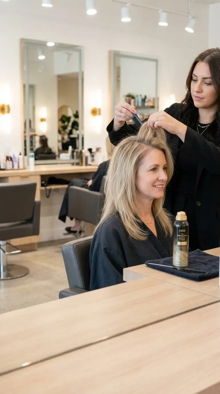 Woman over 50 with fine thinning hair cut into layers for added fullness
