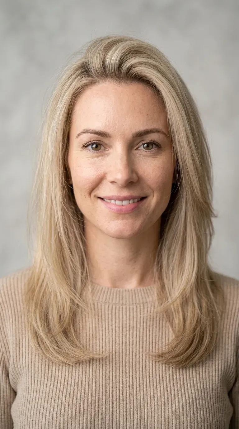 Woman with fine thin hair wearing subtle long layers designed to add volume