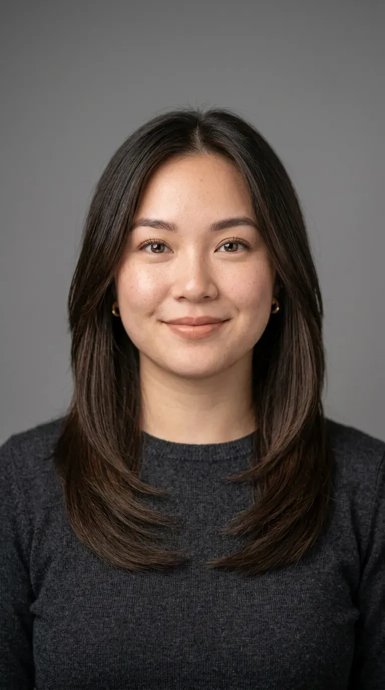 Woman with round face wearing long angled layers that elongate the face