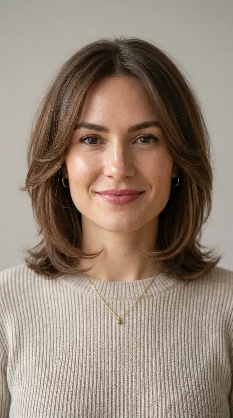 Woman with a square face shape wearing soft wispy layers around the jaw