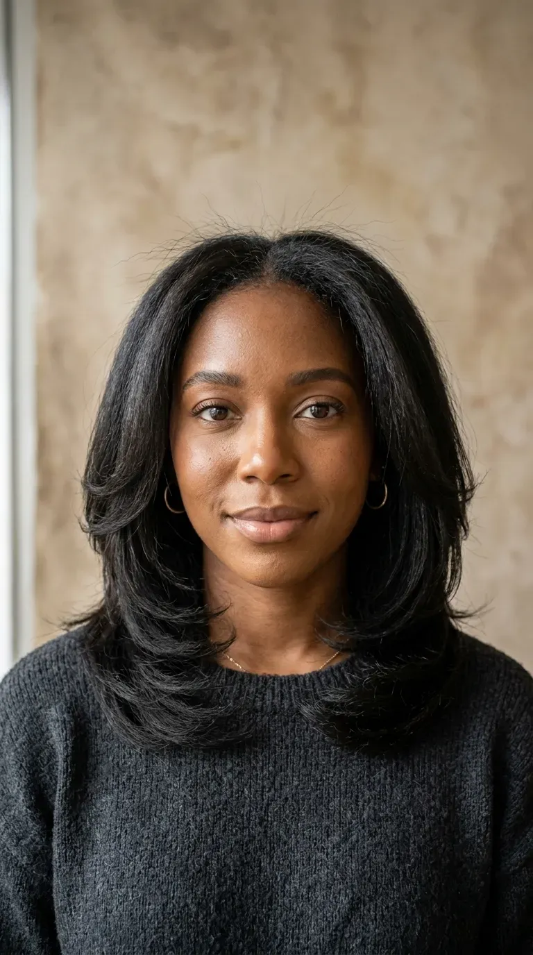 Woman with thick coarse layered hair showing reduced bulk and defined shape