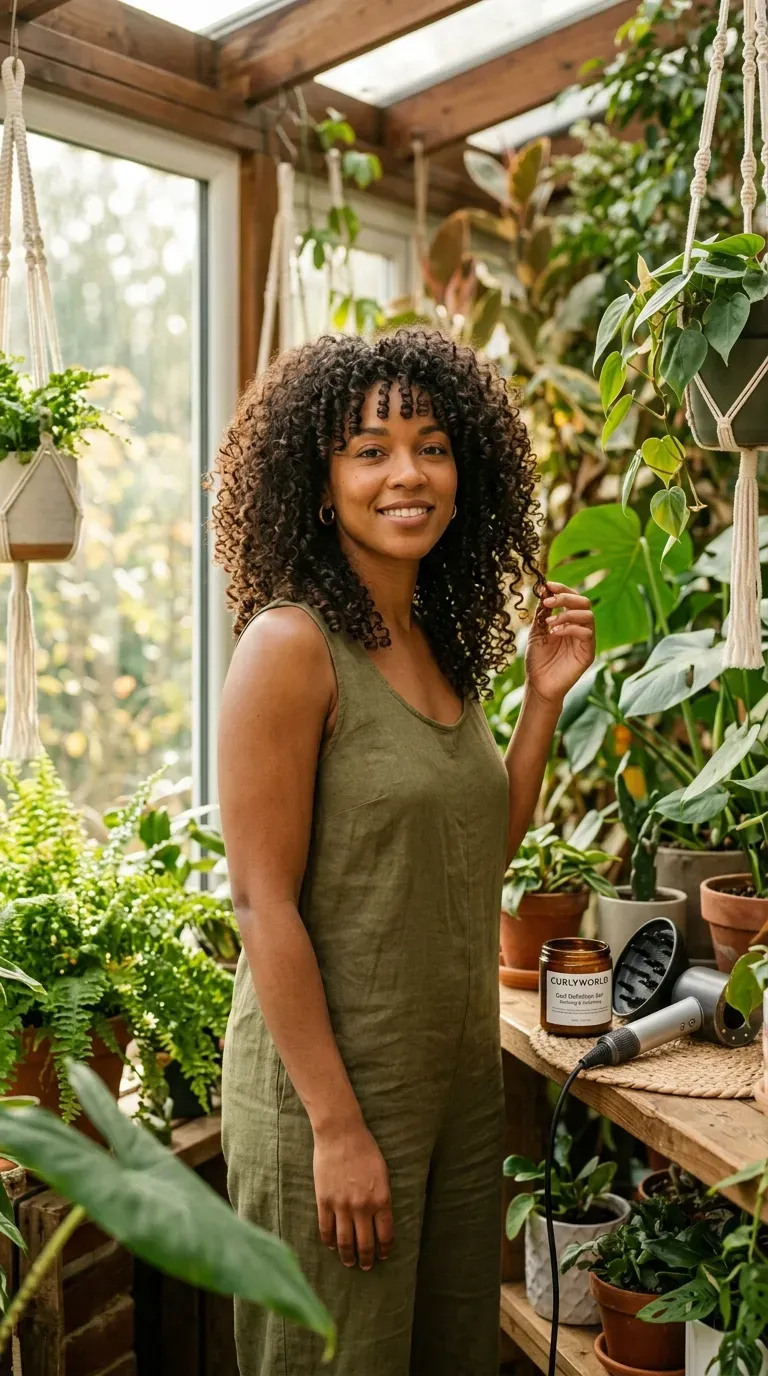 Woman over 50 with natural curly hair cut into flattering defined layers
