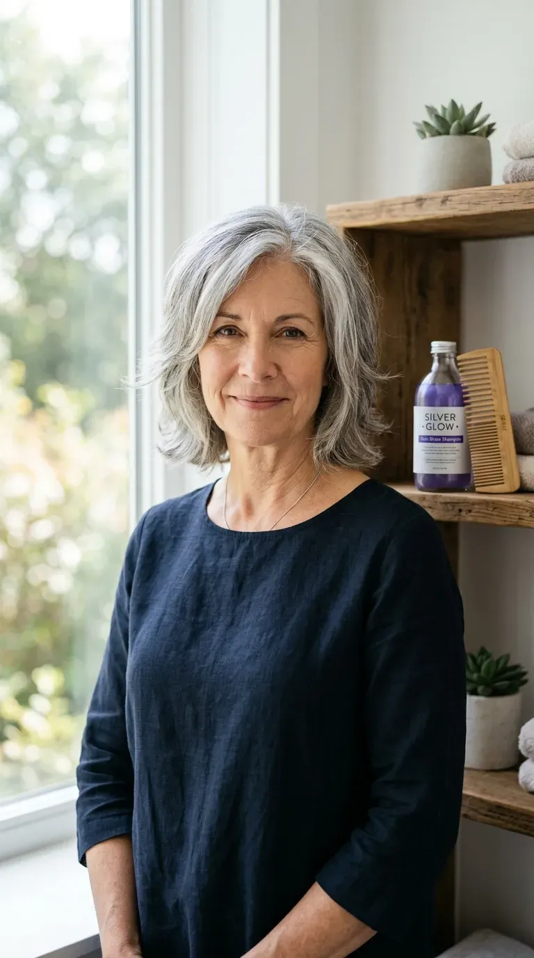 Woman over 50 with natural gray and silver hair cut into flattering layers