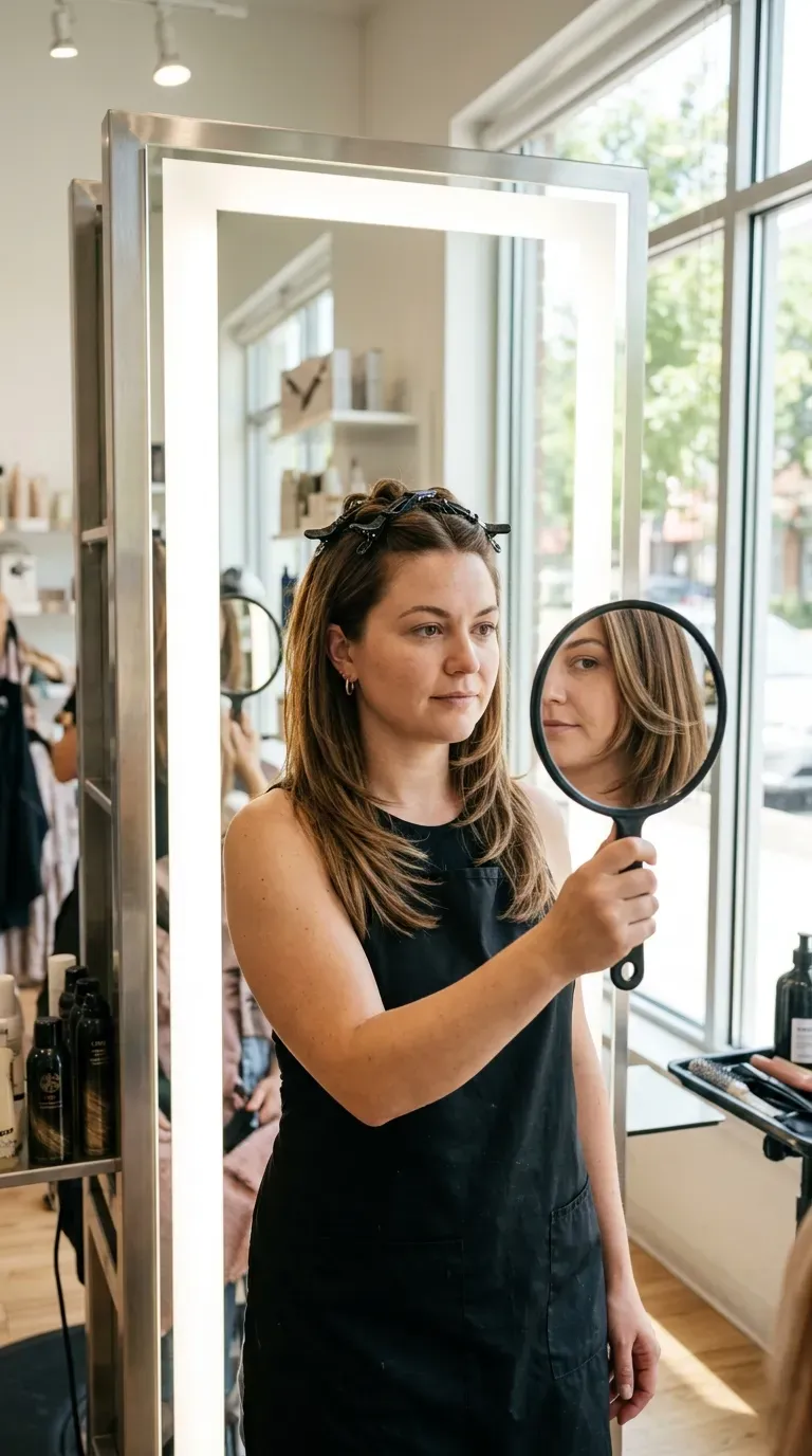 Woman over 50 with round face shape wearing layers cut to elongate features