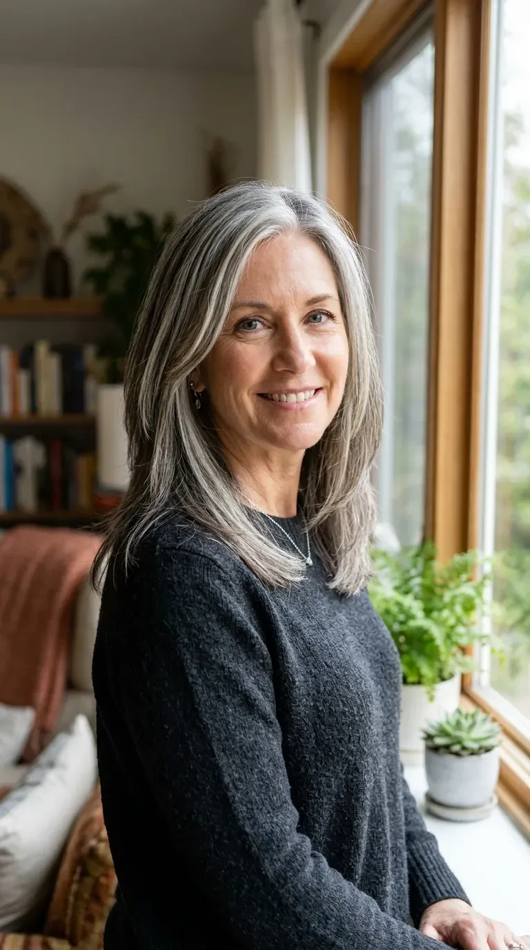 Woman with gray-blended layered hair showing soft transitional highlights