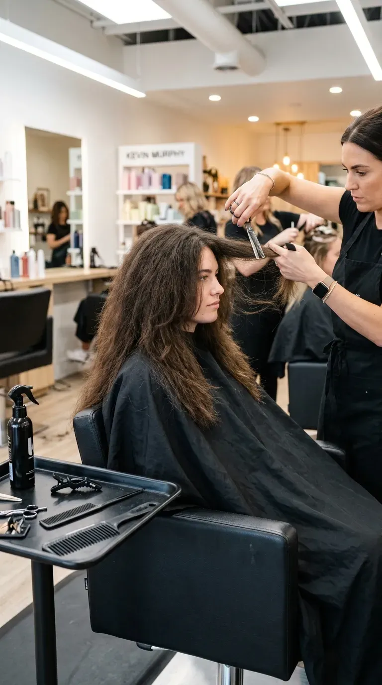 Woman over 50 with thick coarse hair cut into layers to remove bulk