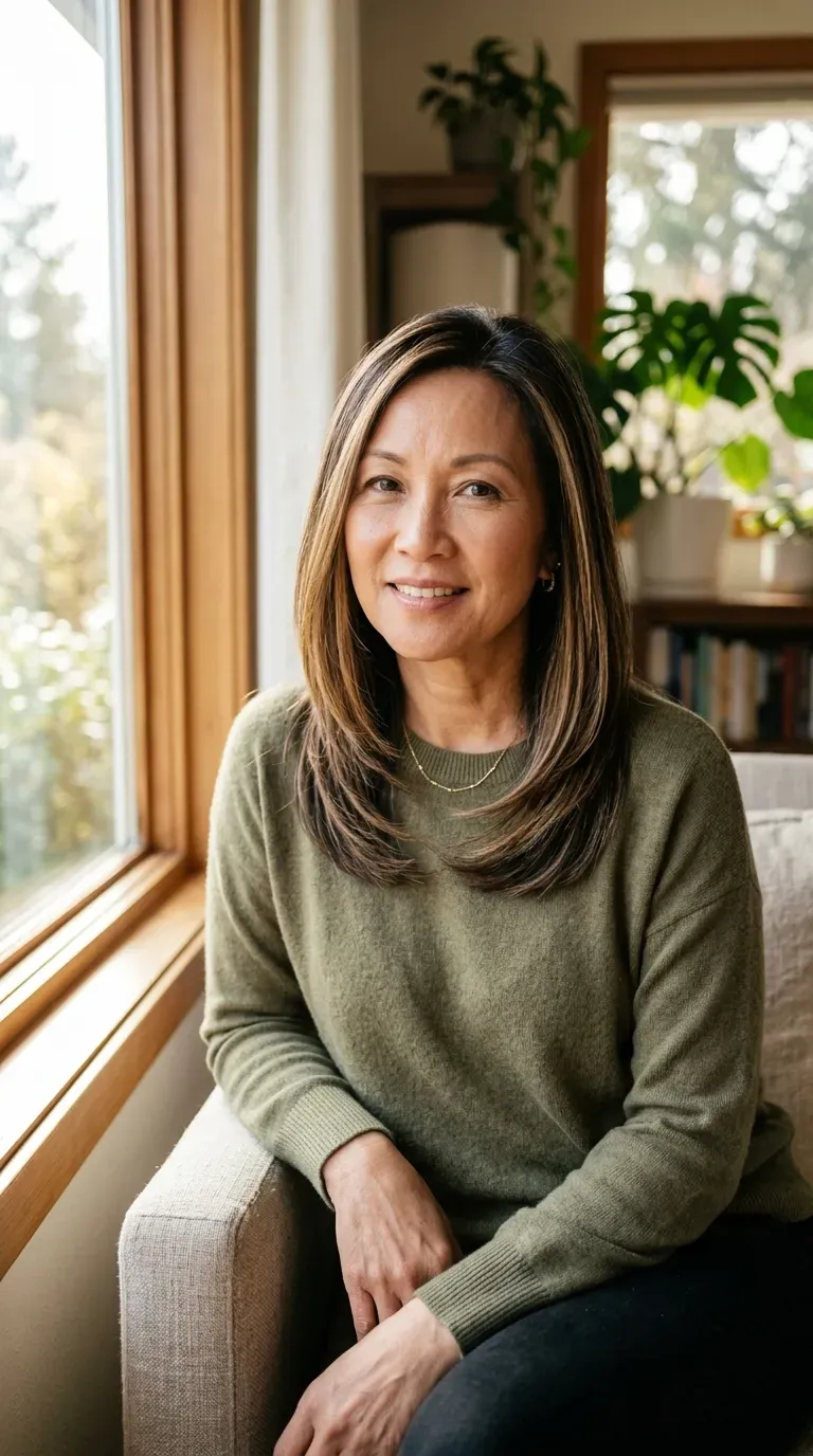 Mature woman with layered hair highlighted by soft hand-painted balayage color