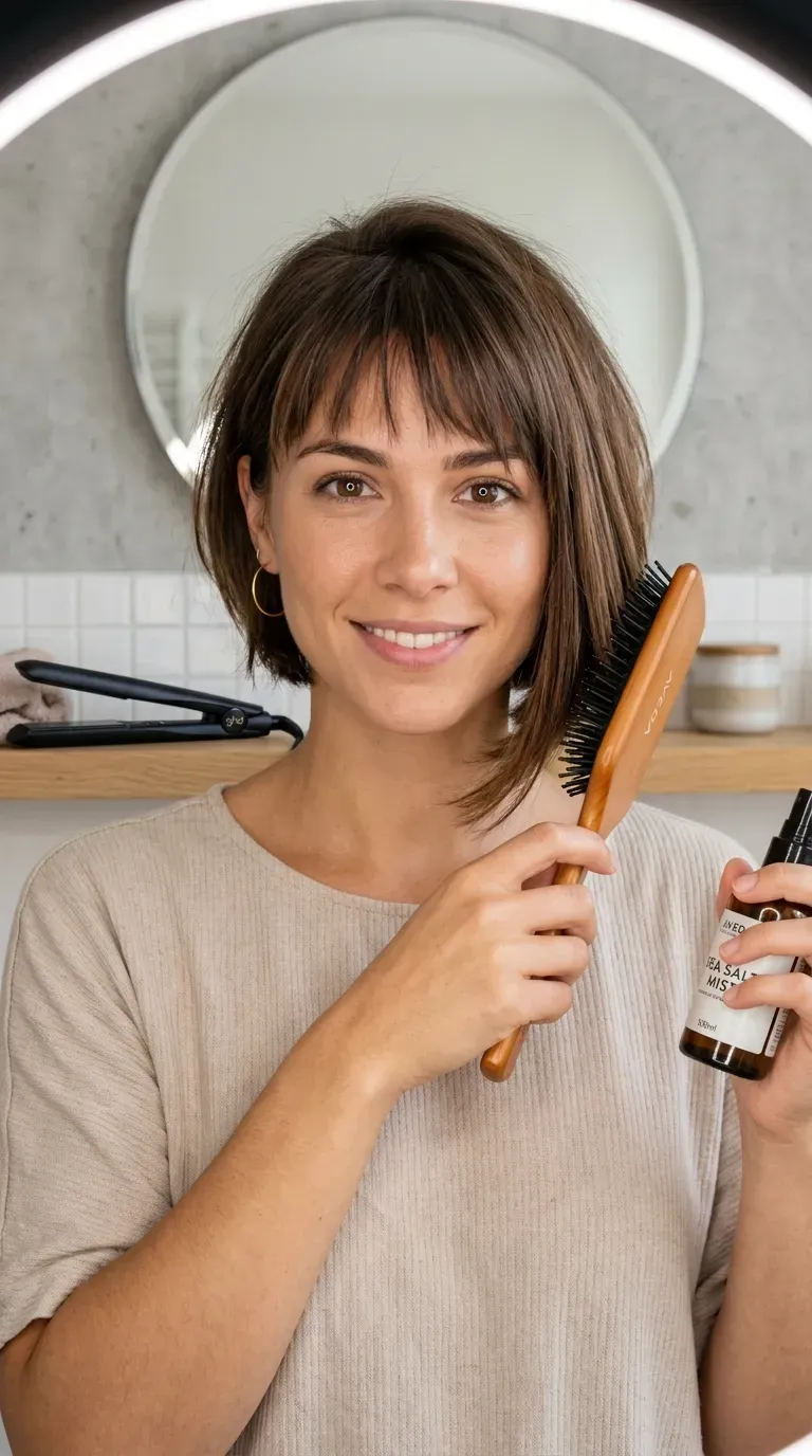 Woman with a long asymmetrical bob styled longer in front for fine hair