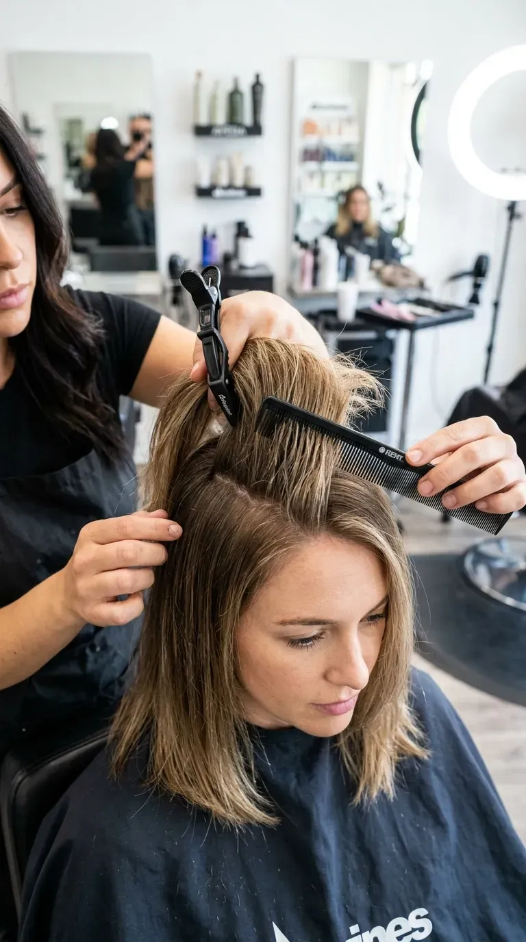 Woman over 50 with long bob haircut featuring hidden interior layers