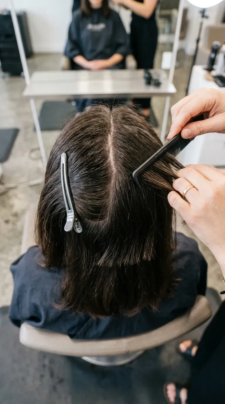 Woman over 60 with long bob haircut featuring hidden volume layers