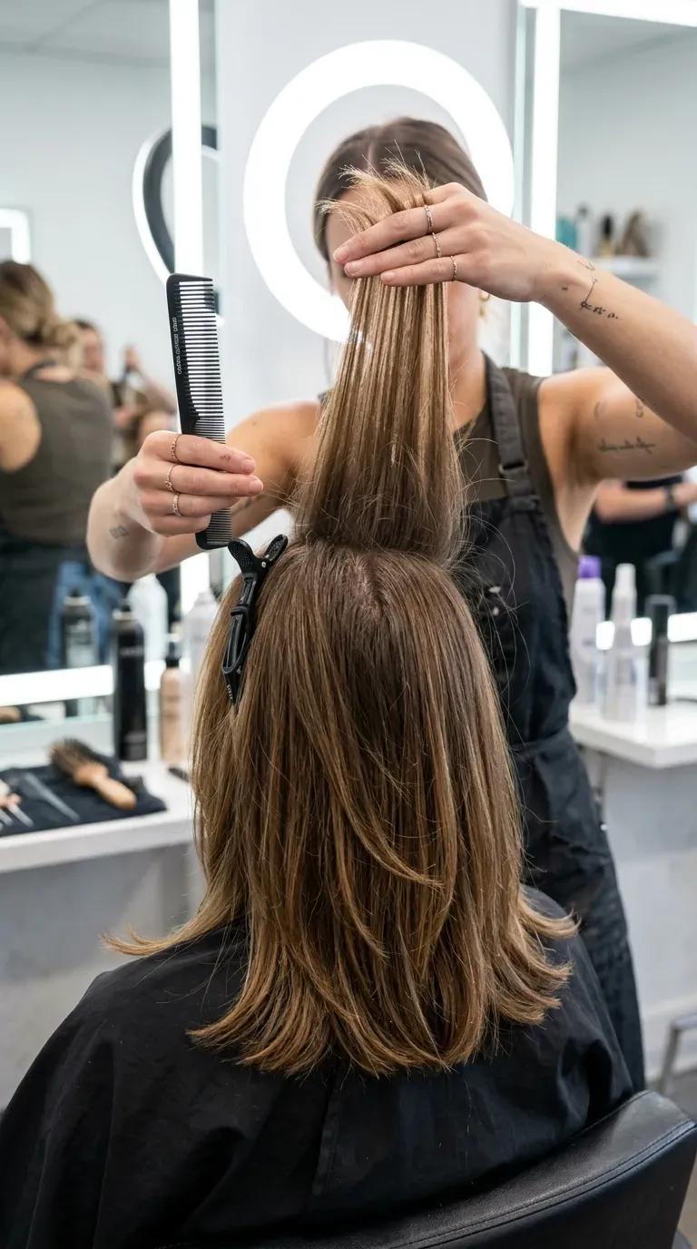 Woman over 40 with long bob lob haircut featuring interior layering for movement