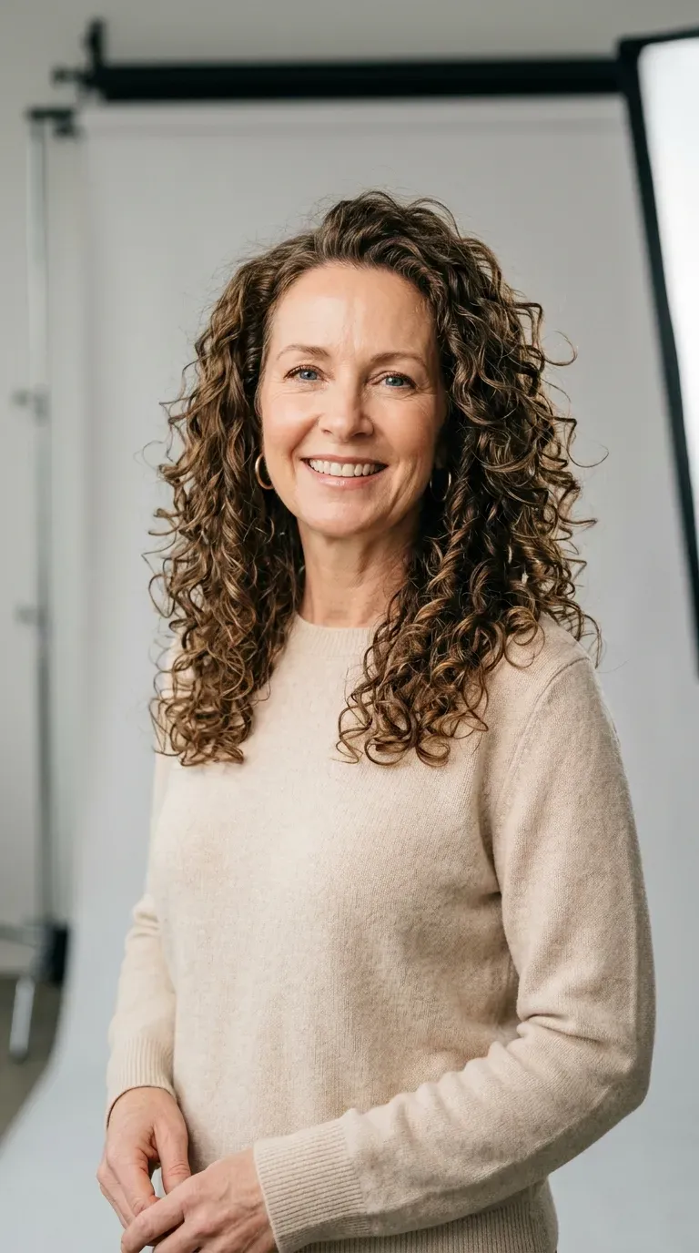 Mature woman with long curly layered hair showing defined bouncing curls