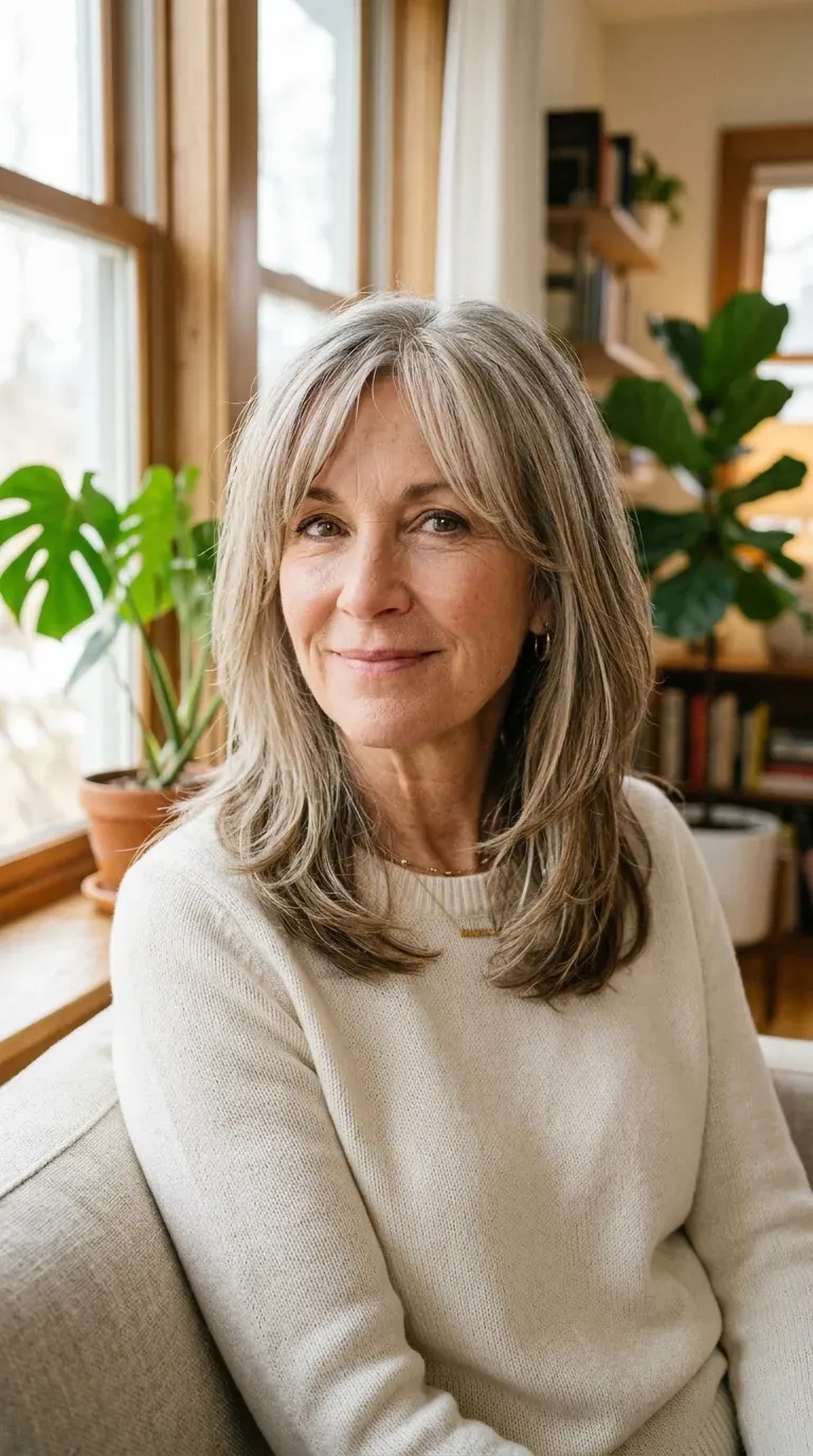 Woman over 60 with long layered hair featuring soft parted curtain bangs