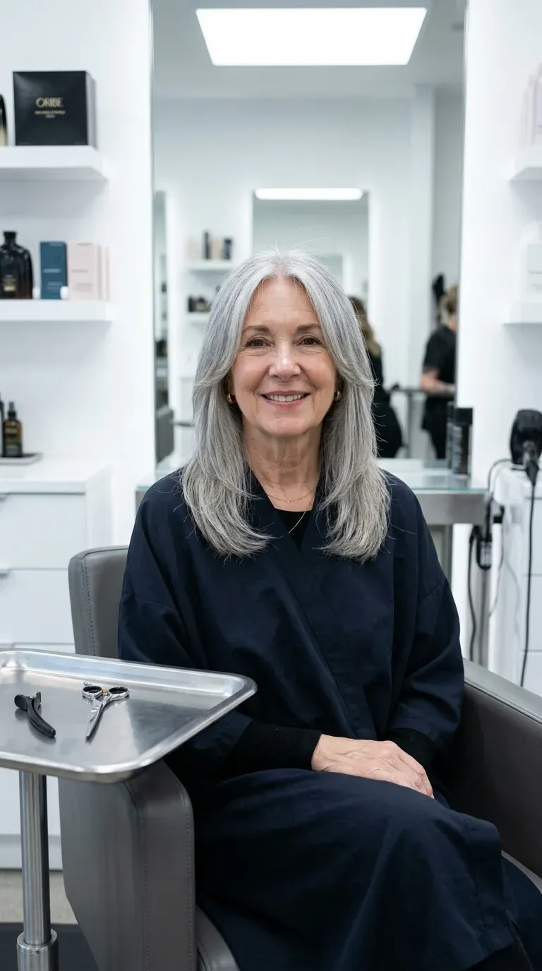Woman over 60 with long curtain layers parted at the center framing her face openly
