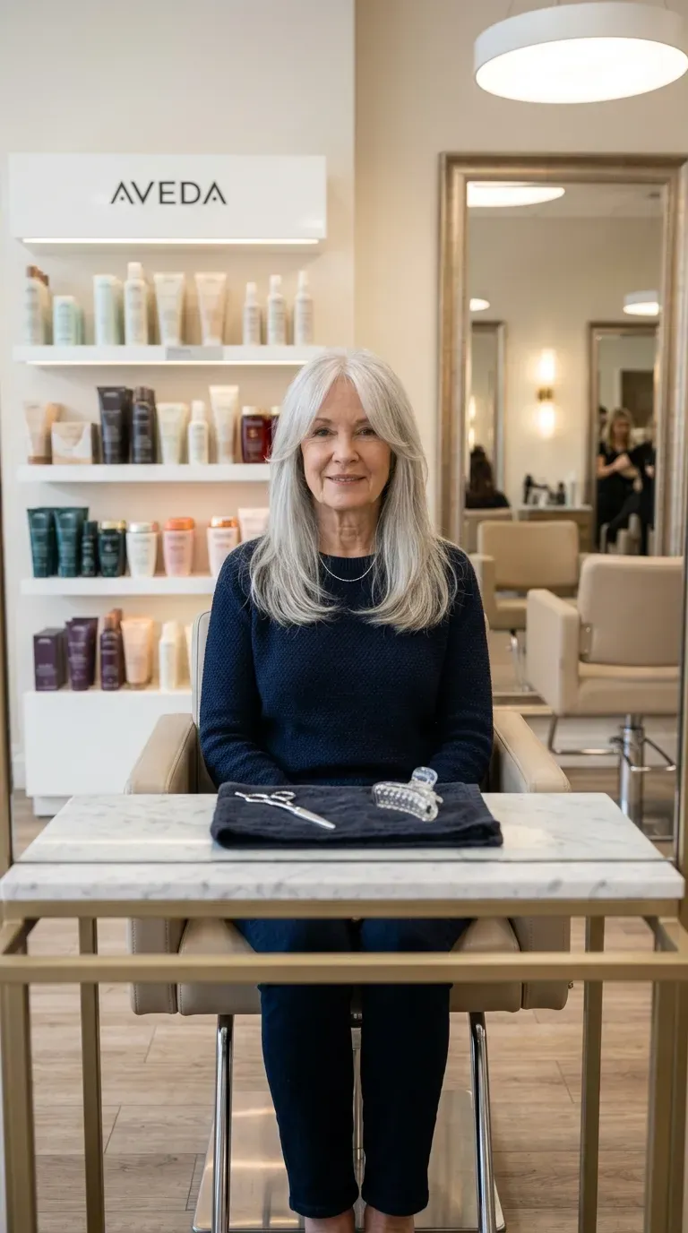 Elegant woman over 70 with long curtain layers parted at the center framing her face openly