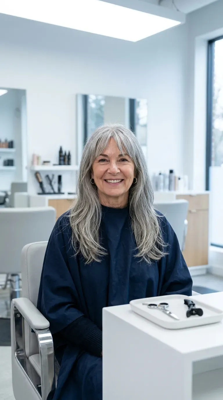 Woman over 60 with long curtain layers parted at the center framing her face openly