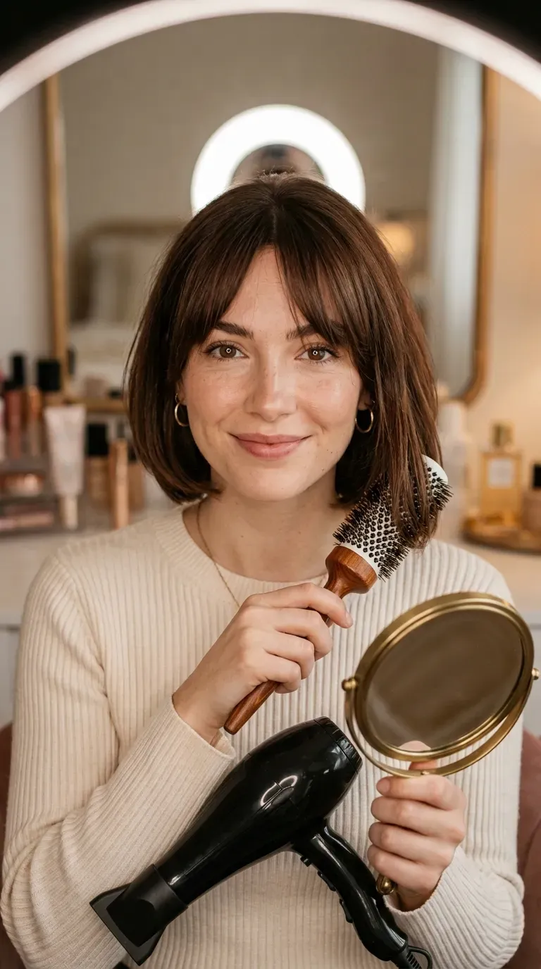 Woman with long face-framing bangs blended into a classic short bob
