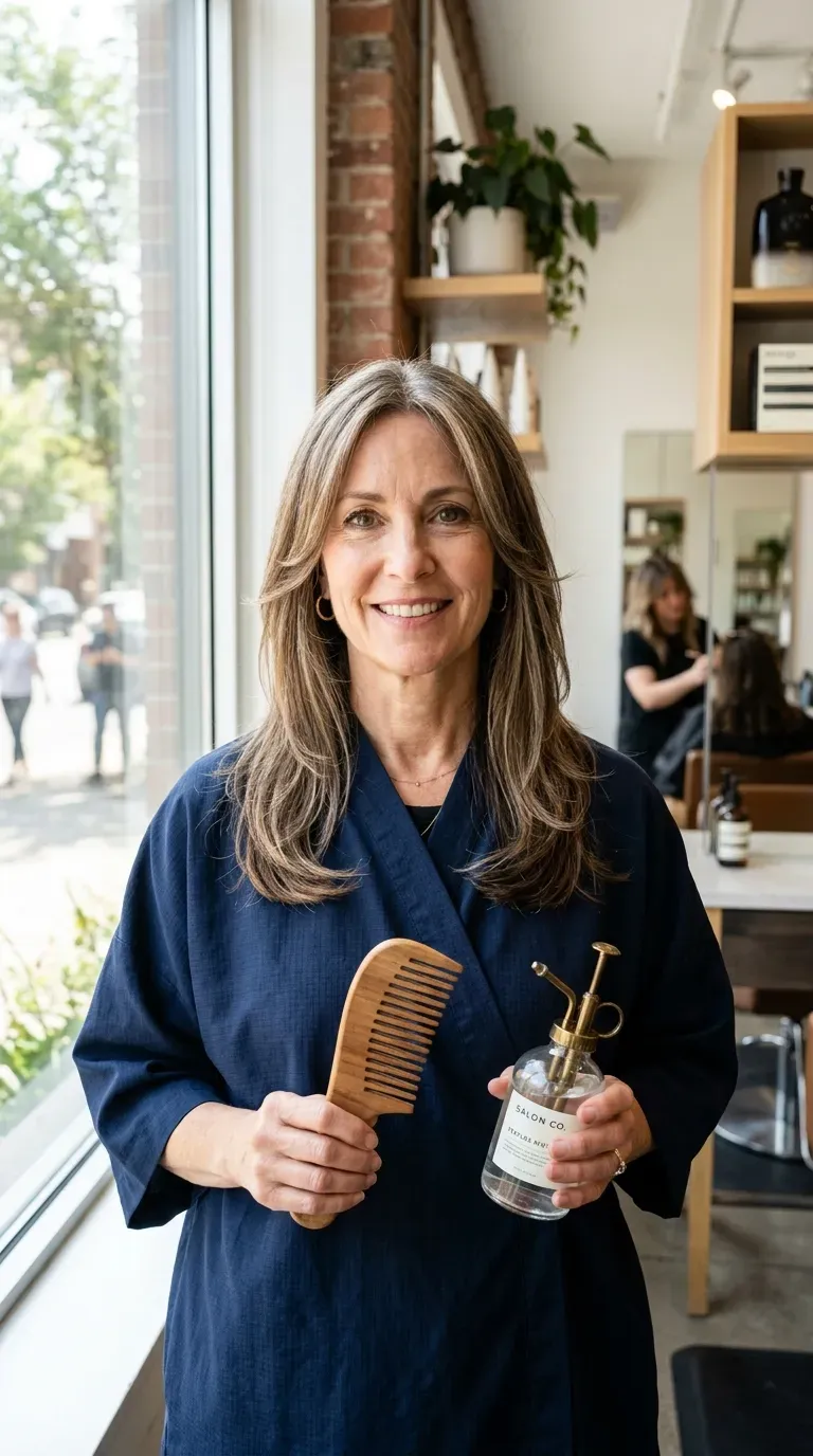 Woman over 50 with long face-framing layers falling just past the collarbone
