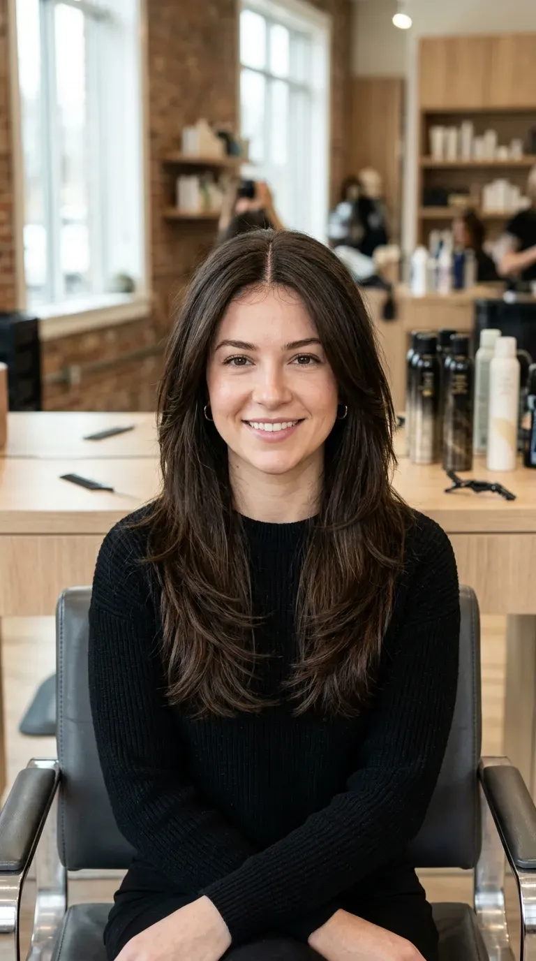Woman over 50 with long-interval layered haircut designed for fewer salon visits