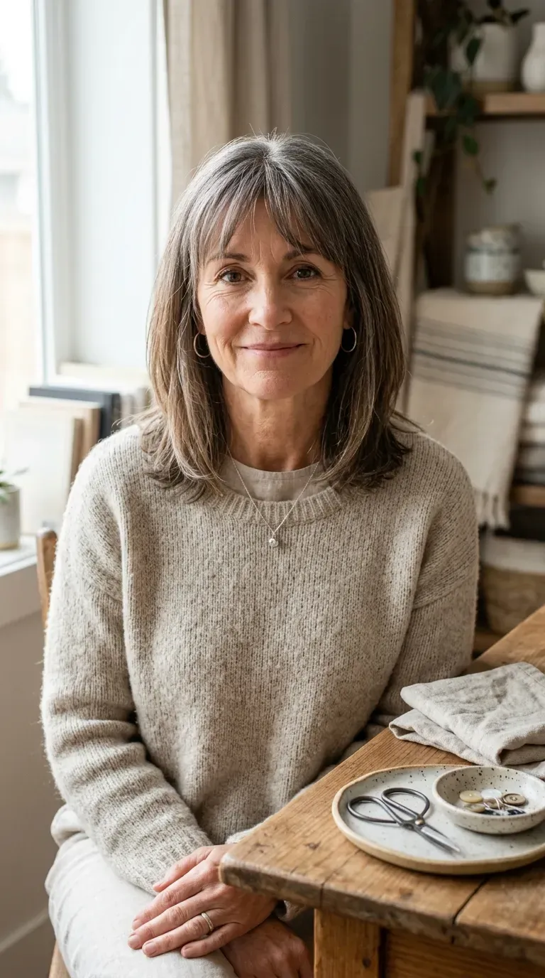 Woman over 50 with a long layered bob and soft, wispy bangs across the forehead