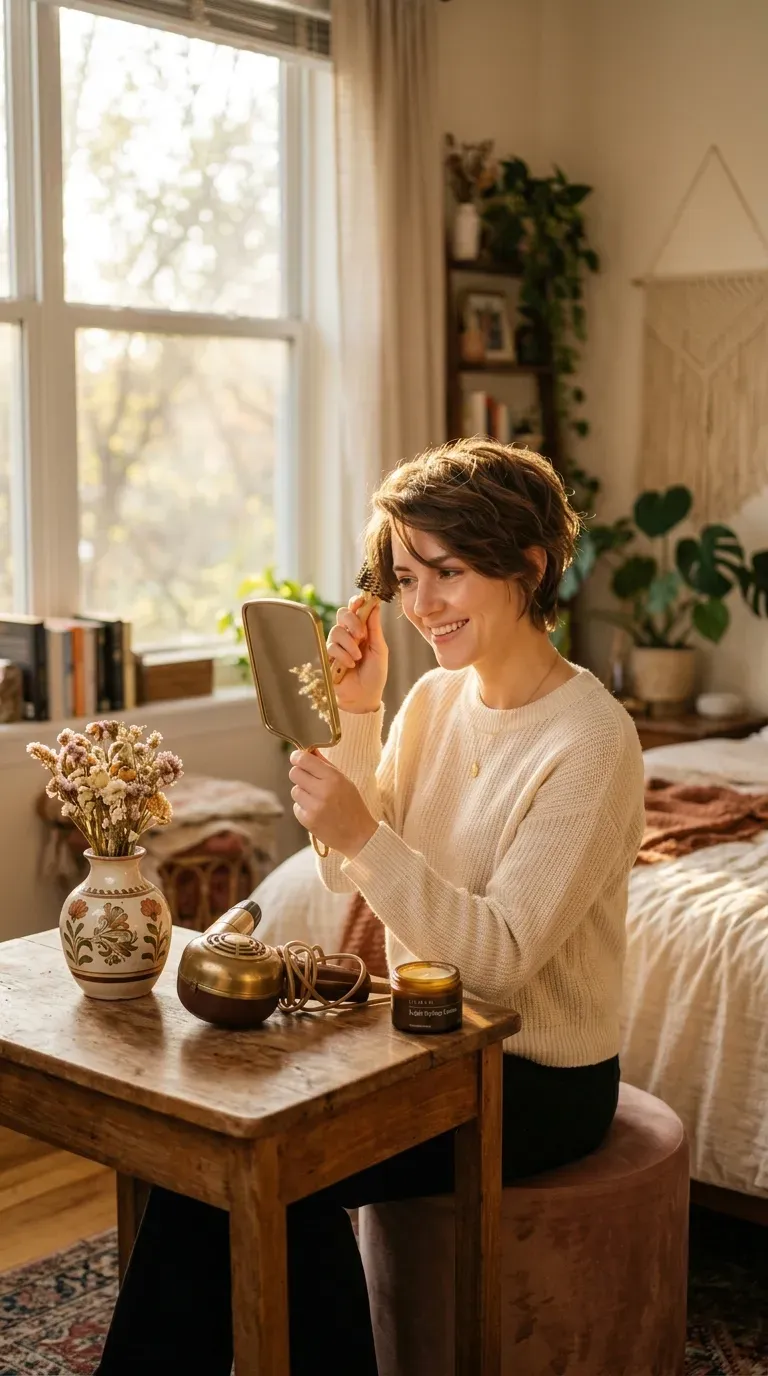 Woman with a long layered pixie showing versatile styling options