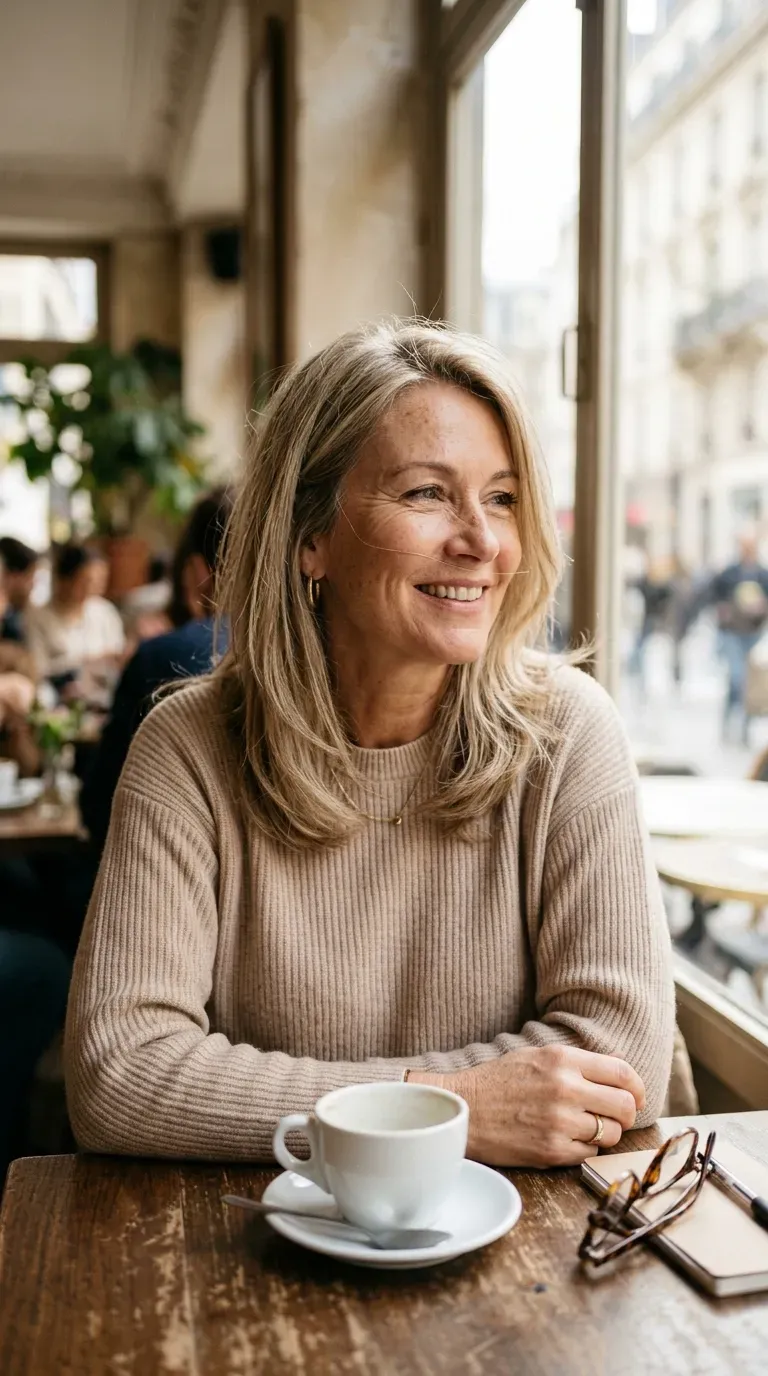 Woman over 60 with a transitional collarbone length haircut featuring soft long layers