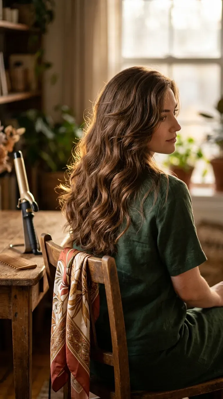 Long, layered wavy hairstyle falling past the shoulders with soft movement