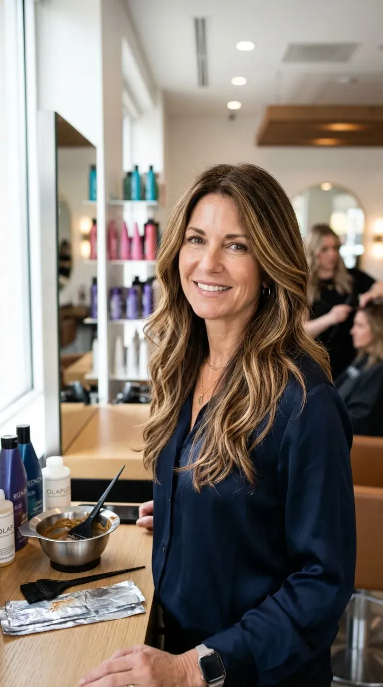 Woman over 50 with long layered hair featuring soft balayage highlights through the ends
