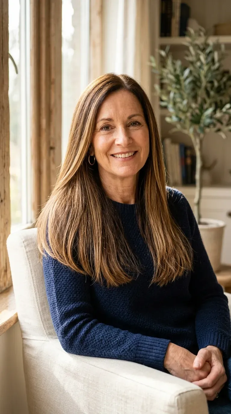 Mature woman with long layered hair highlighted by hand-painted balayage at the ends
