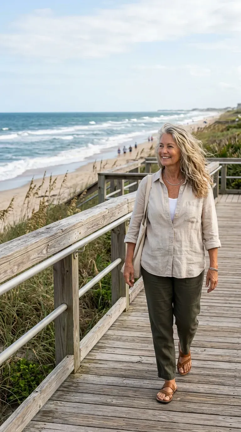 Older woman with long layered hair styled with tousled beachy wave texture