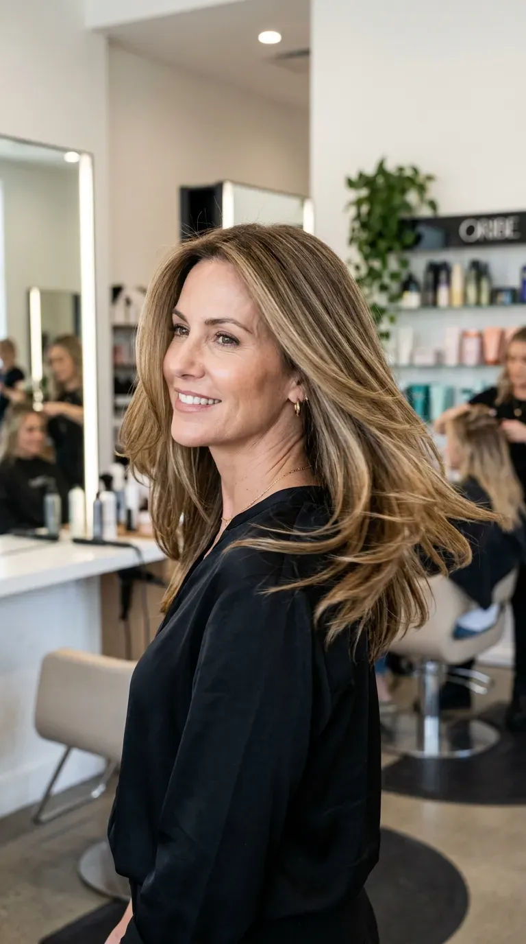 Mature woman with long layered hair blown out sleek and straight with movement at the ends