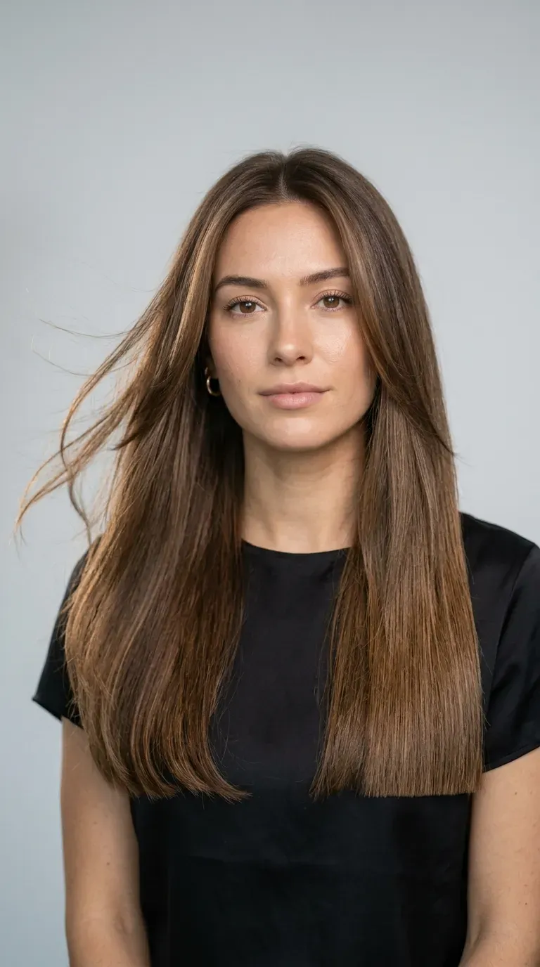 Woman over 60 with long layered hair featuring a clean blunt perimeter line