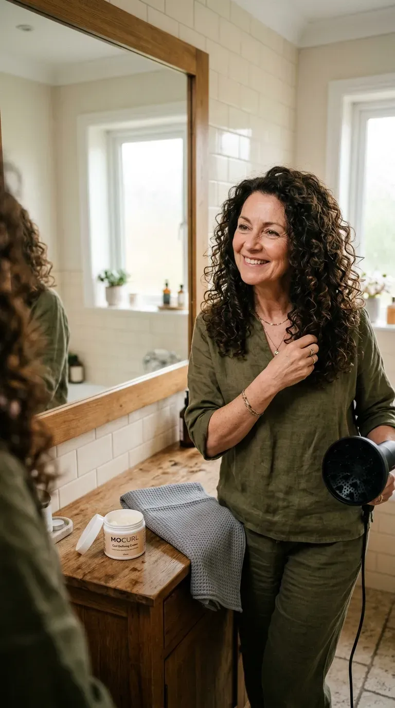 Woman over 50 with curly long layered hair diffused into bouncy defined curls