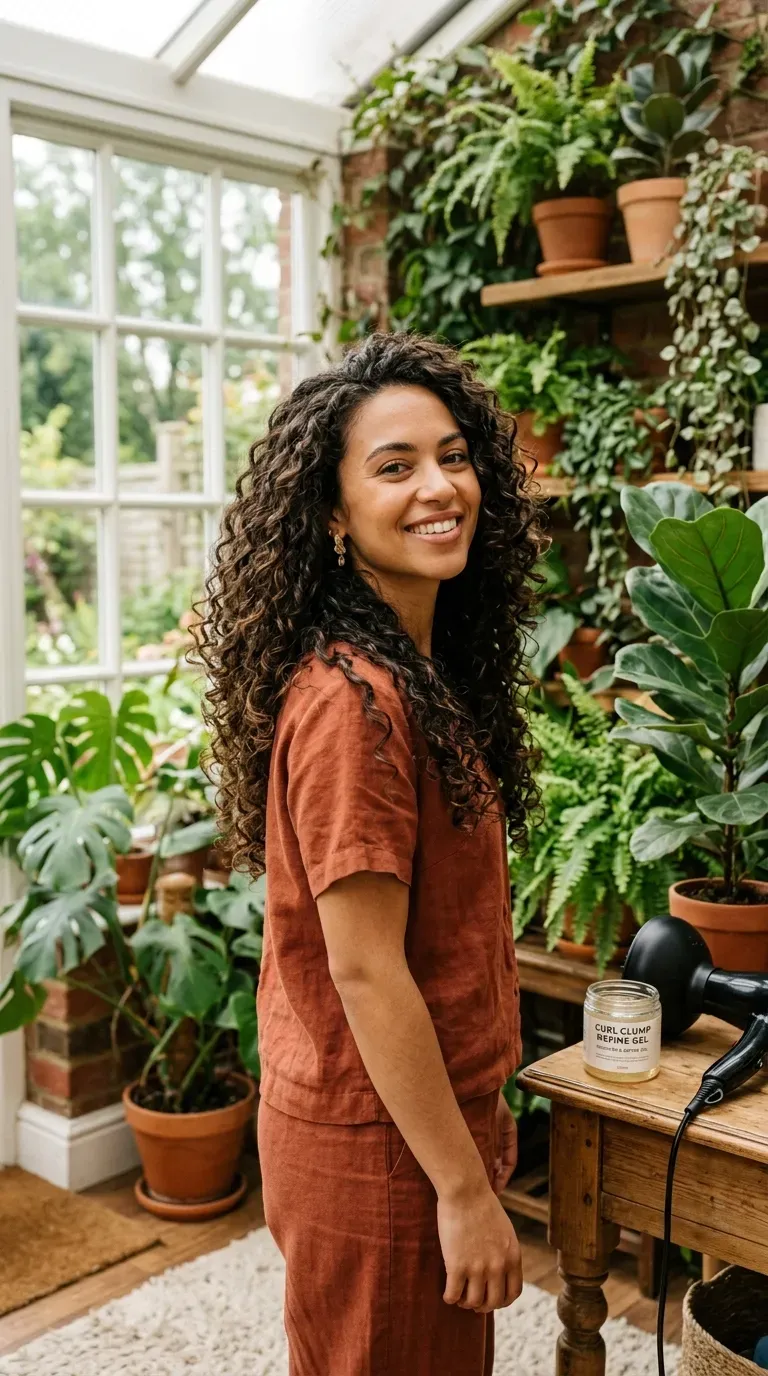 Woman over 50 with natural curly hair cut into long layers for extra bounce
