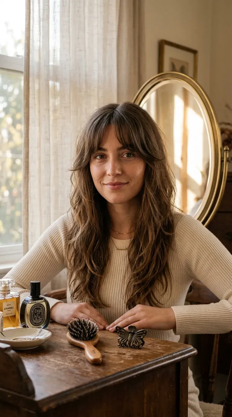 Woman over 50 with curtain bangs paired with long layered hair for front volume