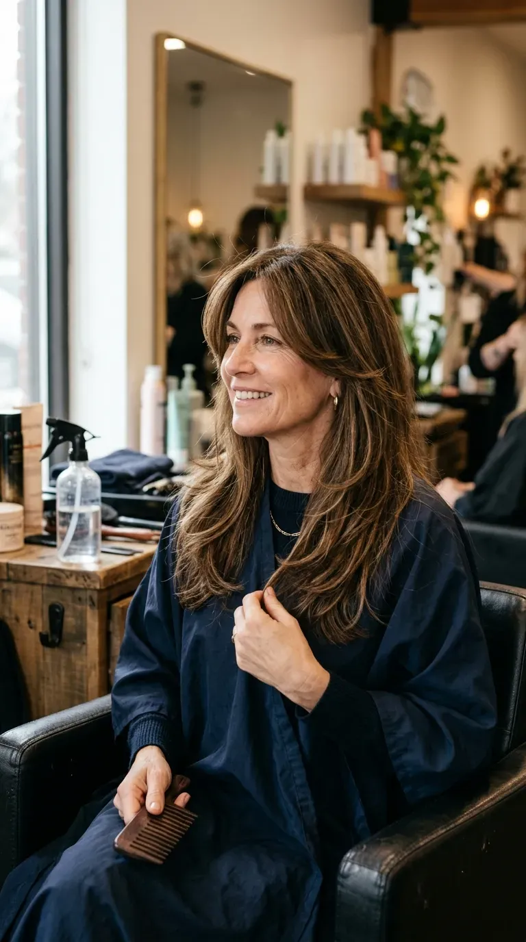 Woman over 50 with long layered hair featuring soft face-framing movement
