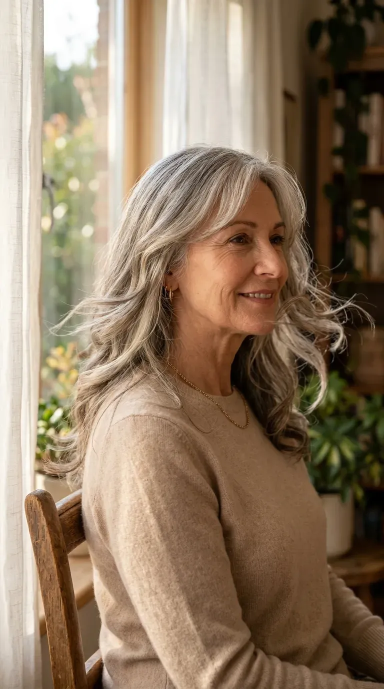 Mature woman with long layered hair styled with soft face-framing movement