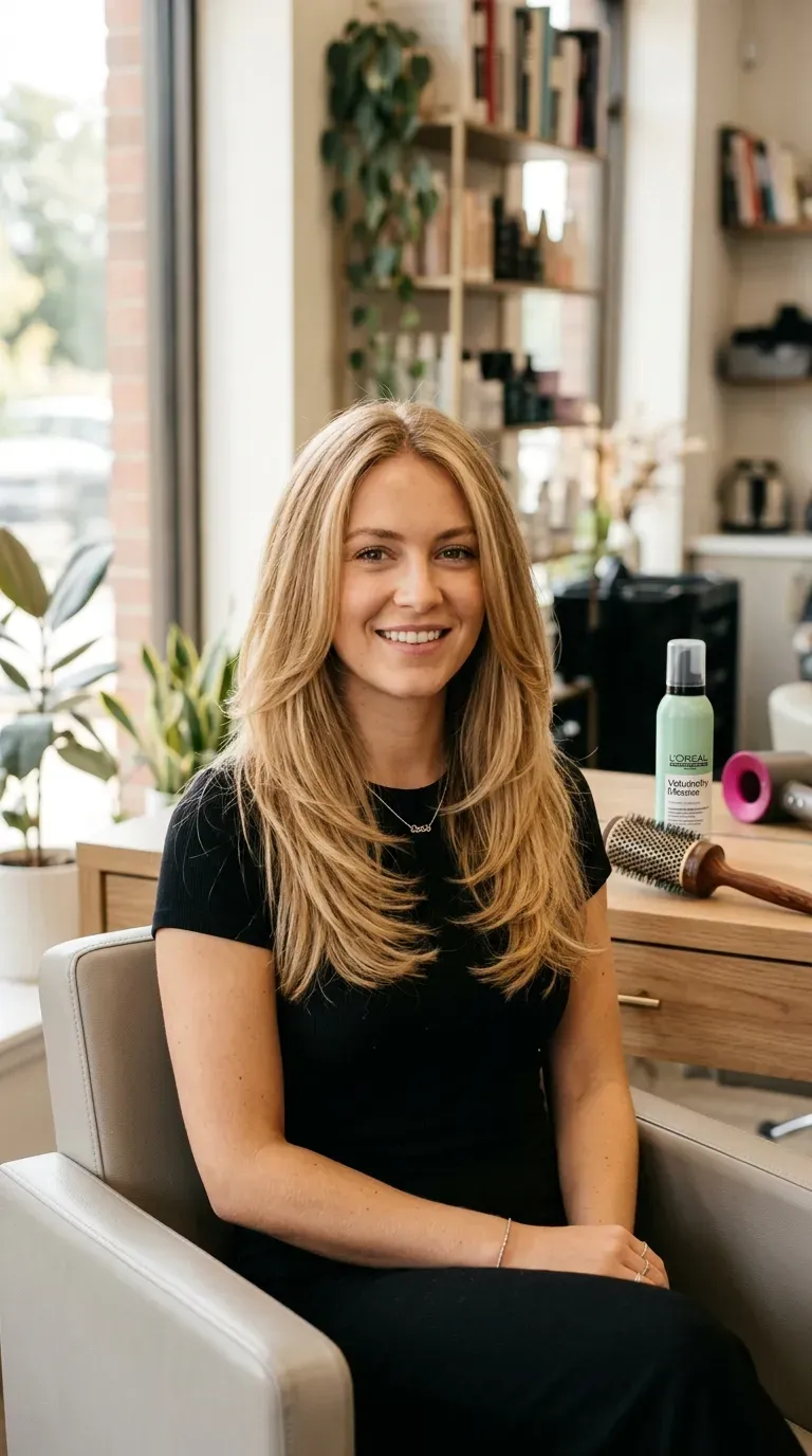 Woman with fine straight hair styled with long layers designed to add density