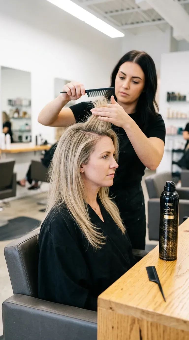 Woman over 50 with fine thinning hair cut into long layers for volume