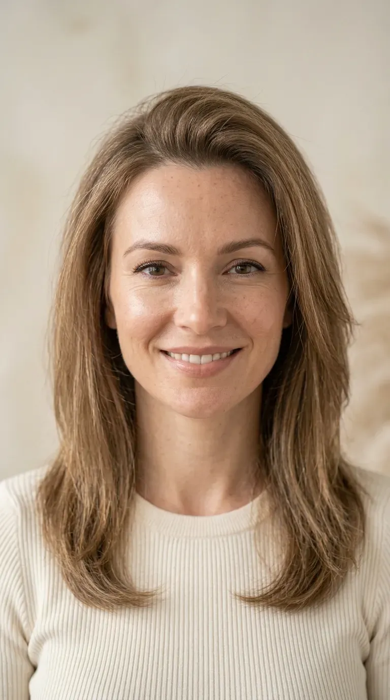 Woman with fine thin hair wearing subtle long layers designed to add volume and swing