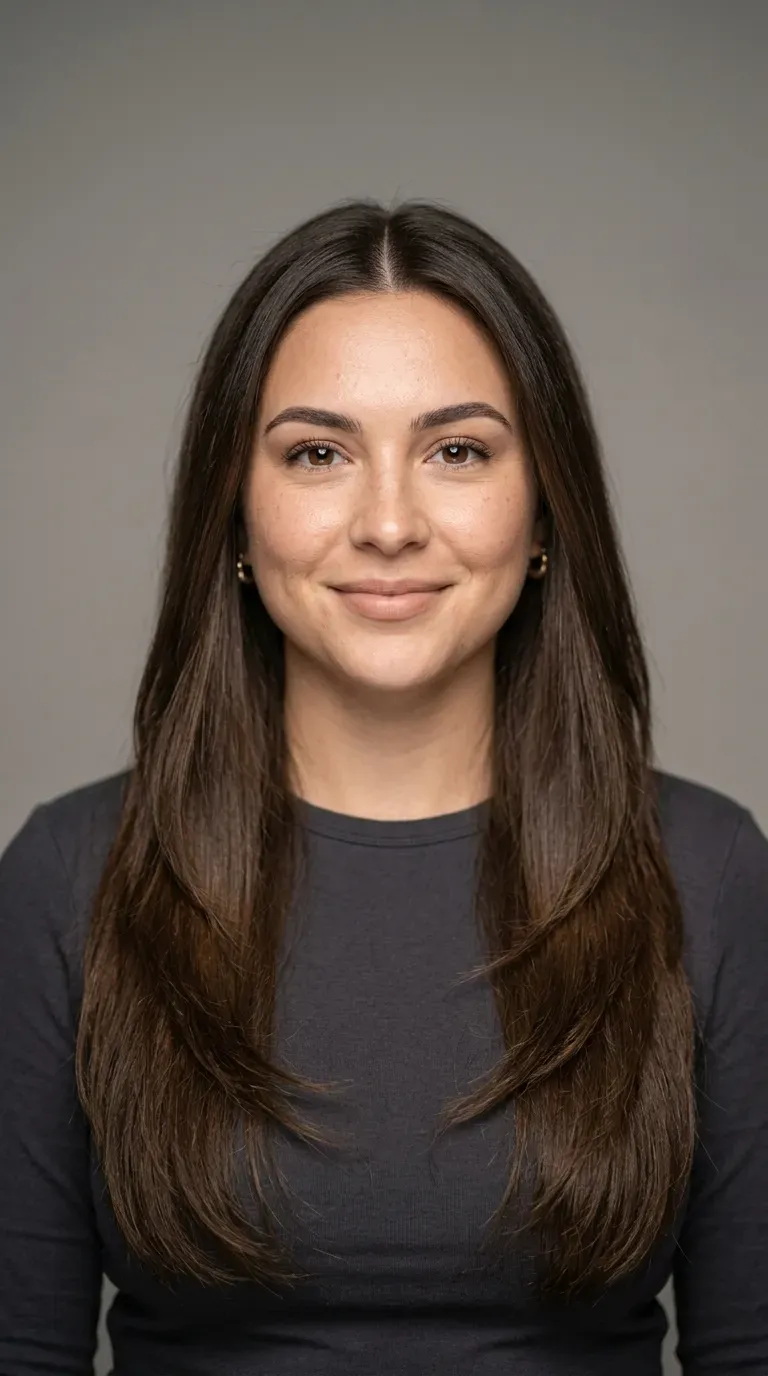 Woman with a round face shape wearing long angled layers that elongate the face