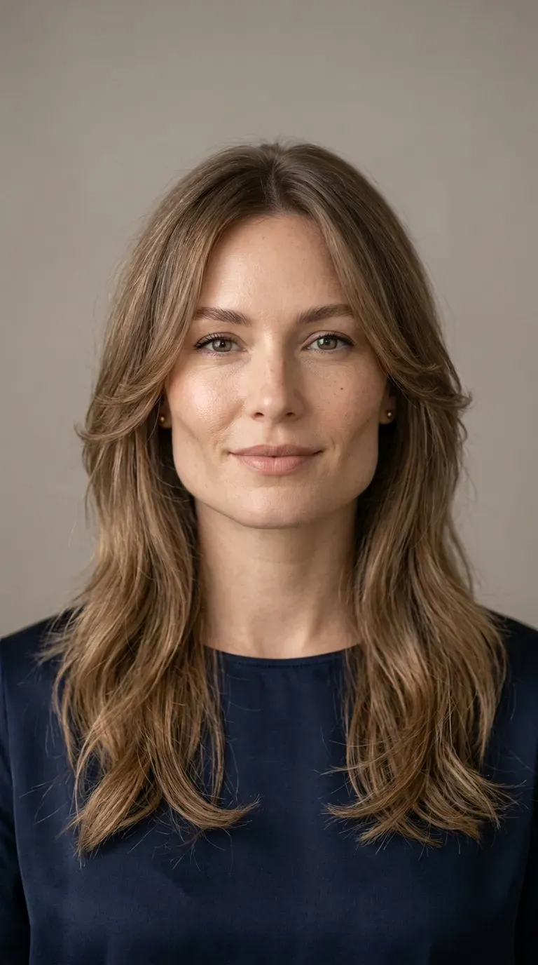 Woman with a square face shape wearing soft wispy long layers around the jaw