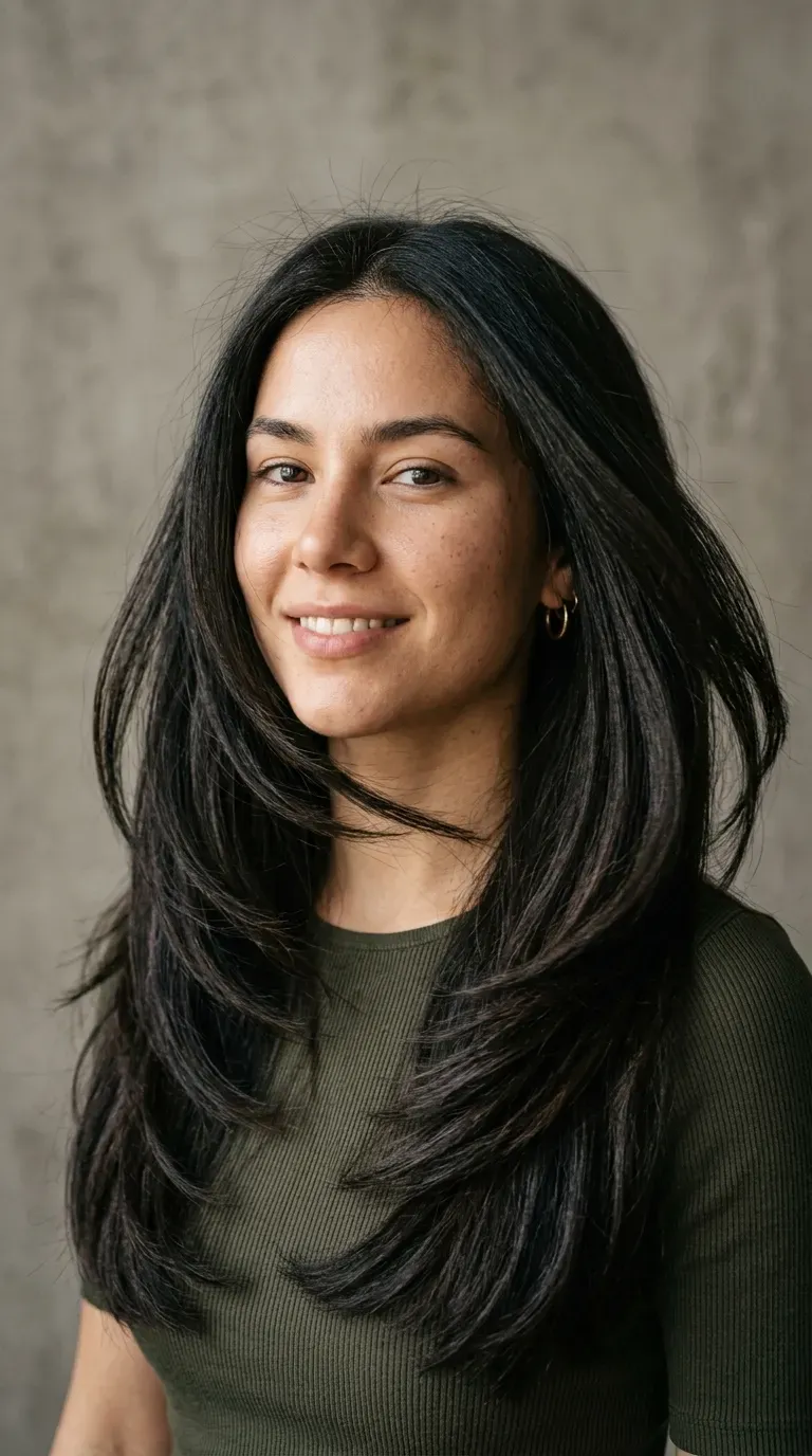 Woman with thick coarse long layered hair showing reduced bulk and free movement