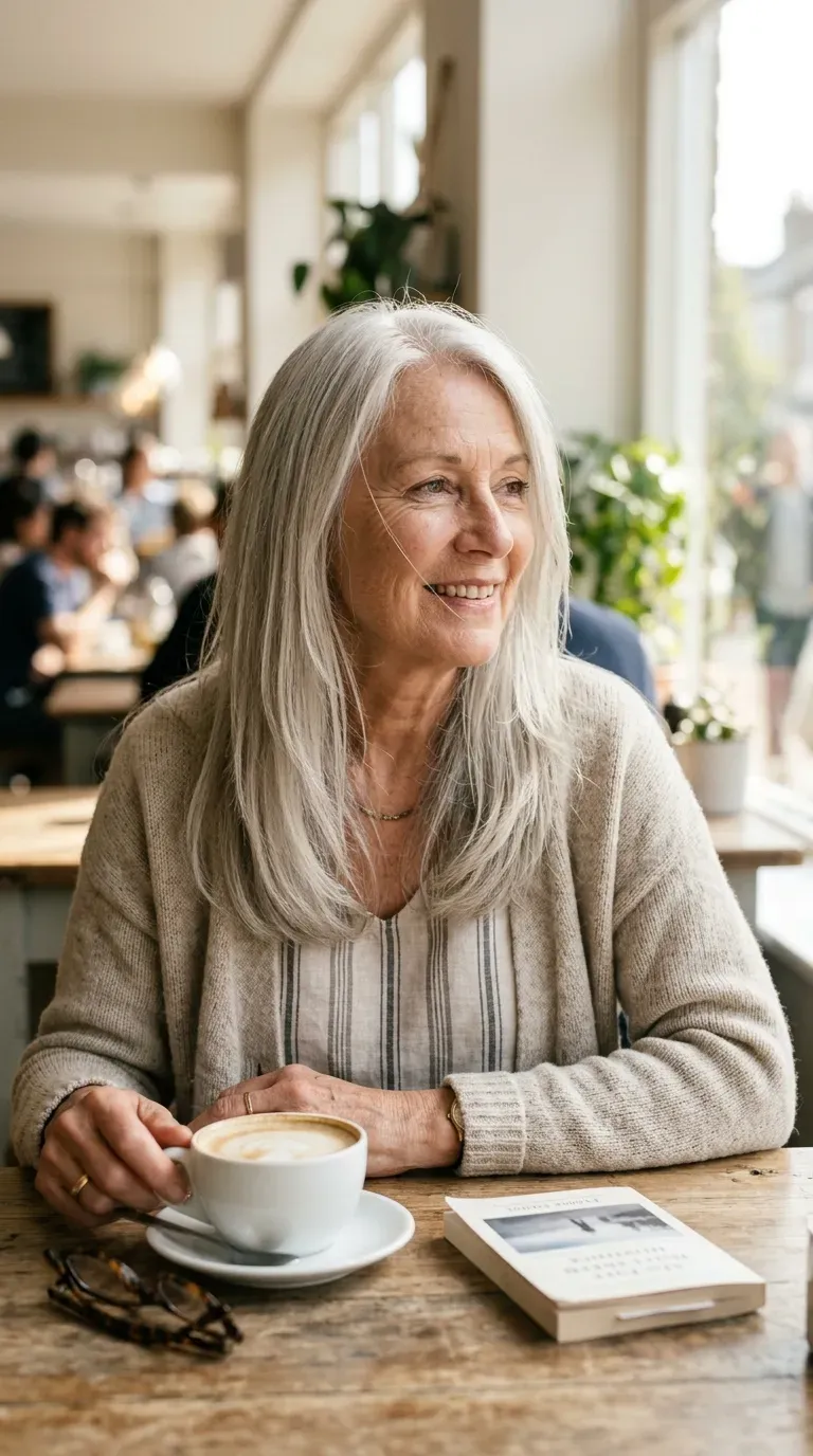 Woman over 70 with long silver hair cut in gentle layers with minimal graduation for density