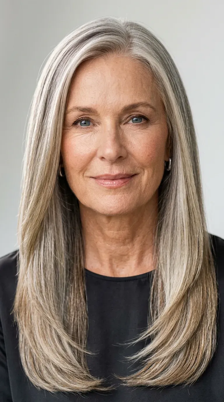 Older woman with sleek long layered hair finished with a high-shine glossing oil