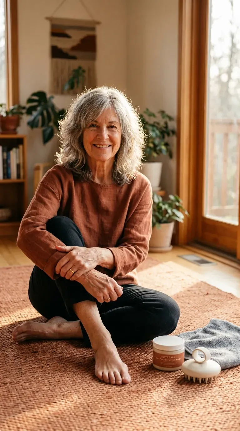 Relaxed woman over 70 with long layers designed to blend smoothly over a twelve week grow out period
