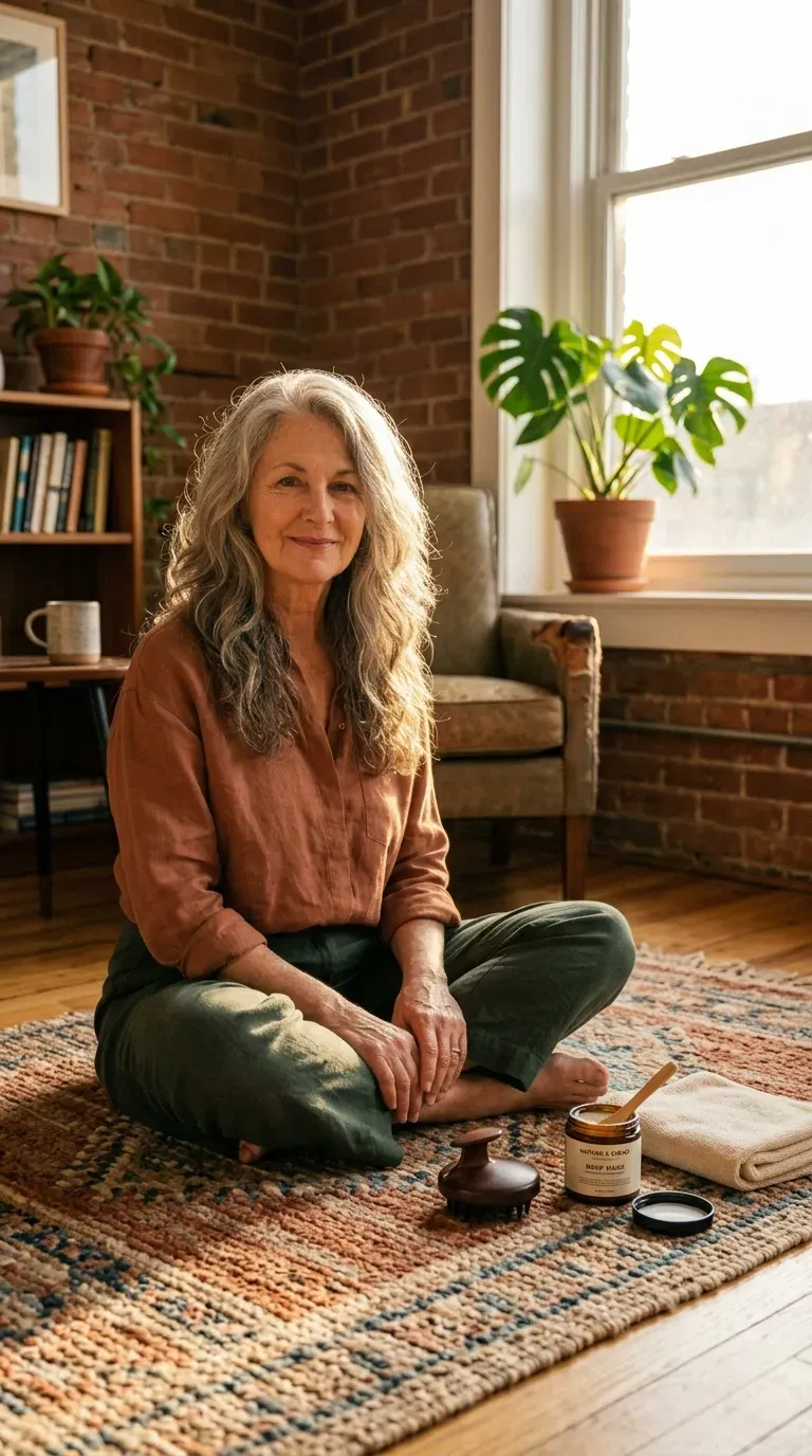Mature woman with long layers designed to blend smoothly over a twelve week grow-out period