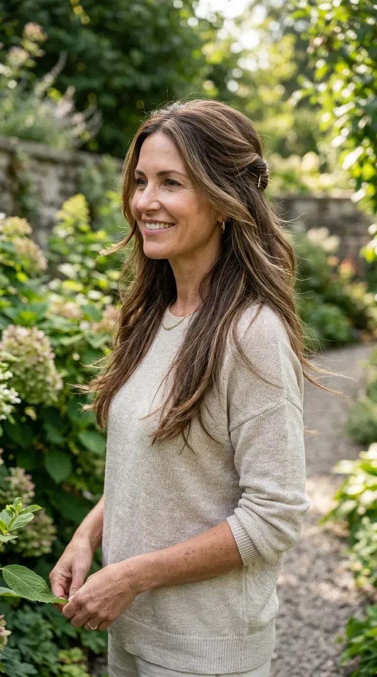 Mature woman with long layered hair styled in a soft half-up twisted style