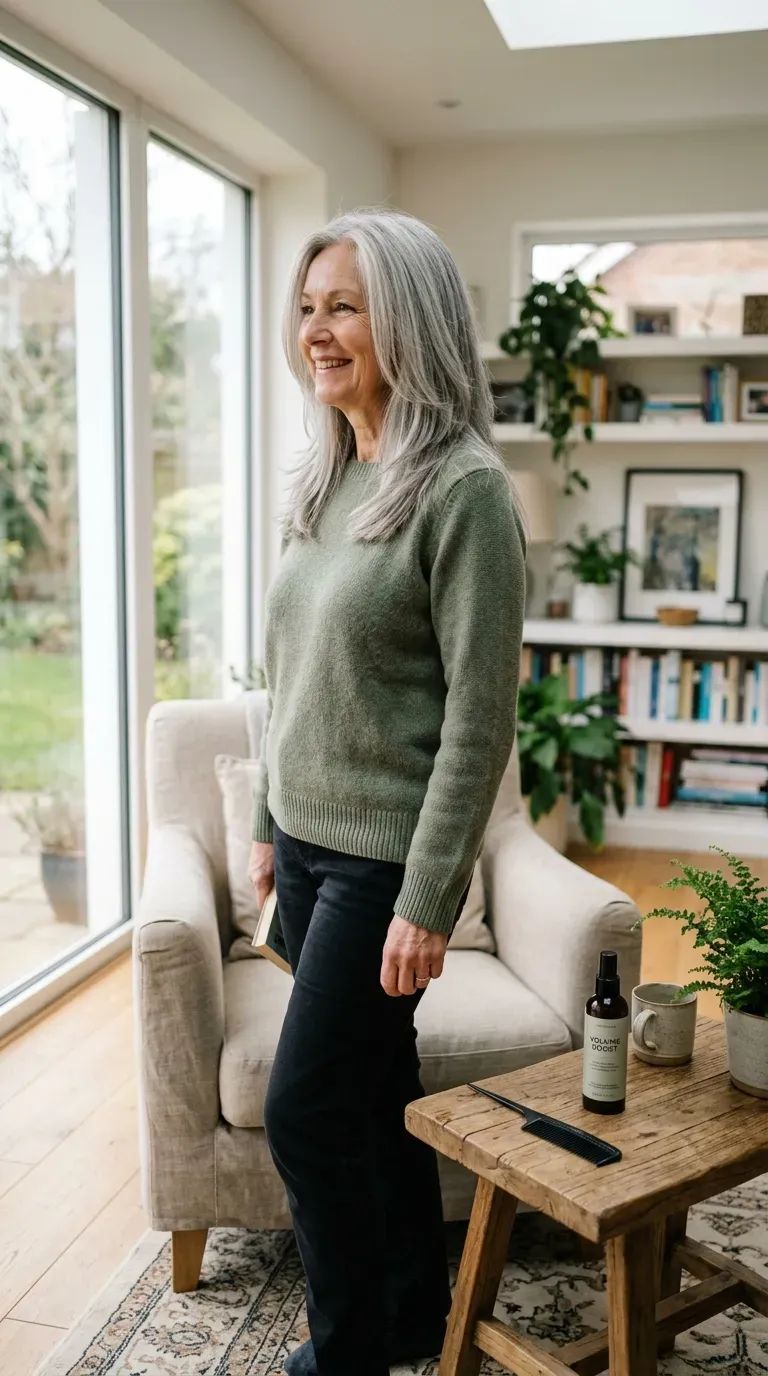 Woman over 60 with a long face shape wearing long layers with width added at the cheekbones